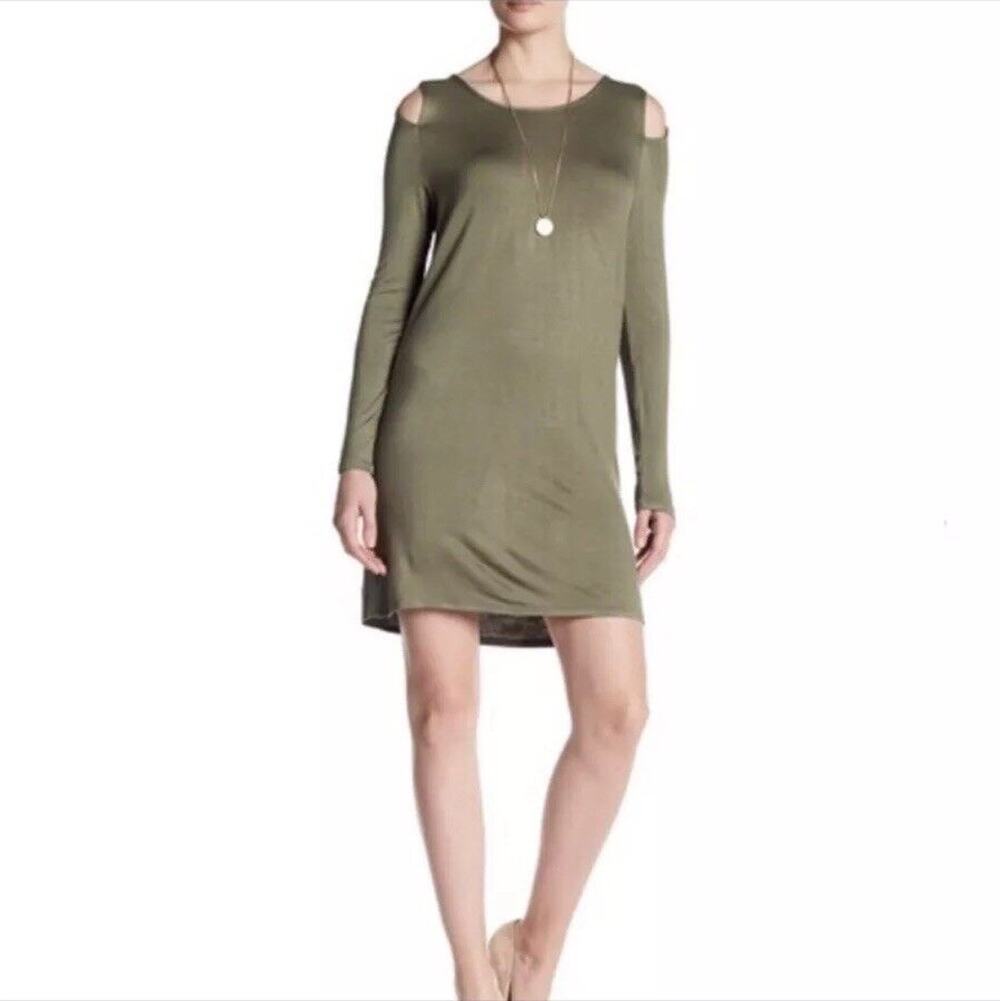 The Vanity Room Olive Green Cold Shoulder Shift Dress Womens Medium NWT